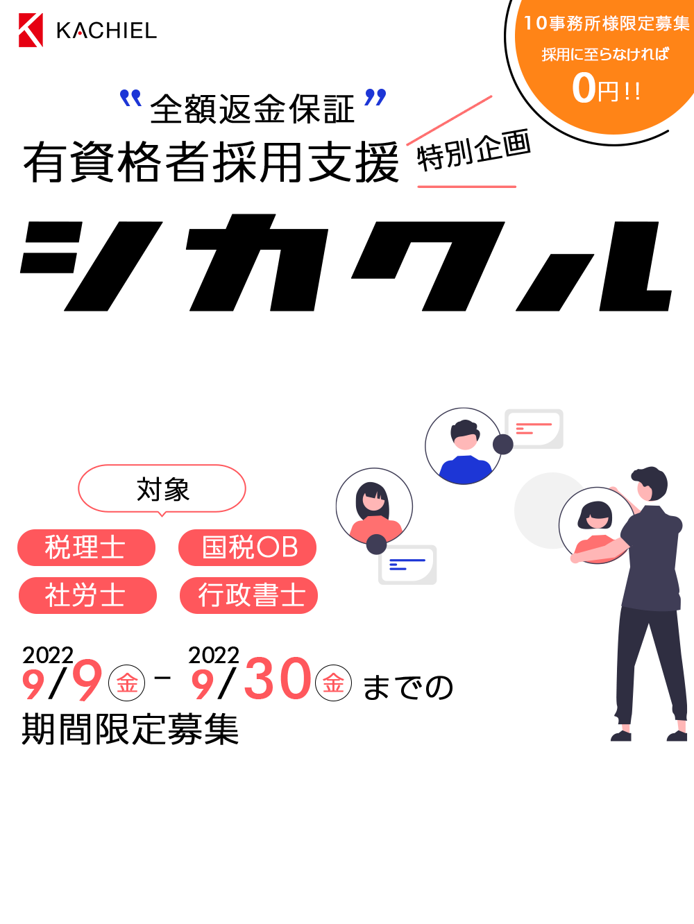 全額返金保証  有資格者採用支援特別企画 シカクル　対象／税理士／国税OB／社労士／行政書士　2022年7月6日（水）〜7月22日（金）までの期間限定募集　10事務所様限定募集　採用に至らなければ0円！！